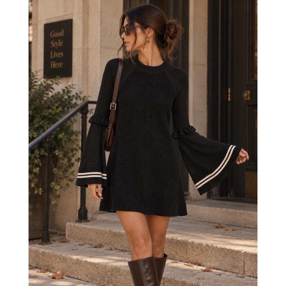 Free People Zou Bisou Black Ribbed Bell Sleeve Sweater Dress L